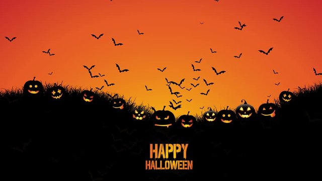 Animation of Halloween background with bats flying into the sky with pumpkins in grass