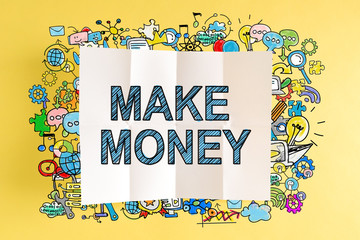 Make Money text with colorful illustrations on a yellow background