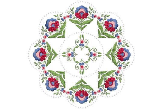 Frame of beads and the pattern of a wreath with a stylized flower with big leaves on  white background


