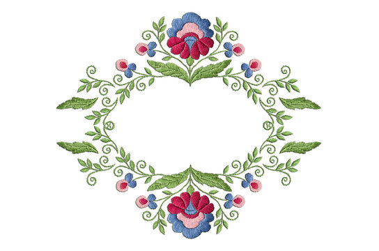 Frame pattern with a stylized flower with large leaves and twisted stems on a white background

