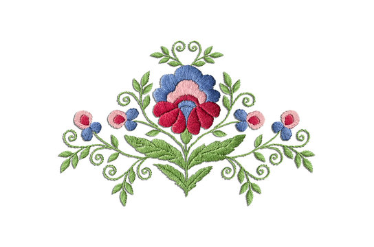 Pattern for embroidery of stylized flower with big leaves and twisted stems on white background

