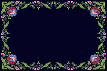 Pattern for the embroidery frame with  stylized flowers and big leaves on dark blue background
