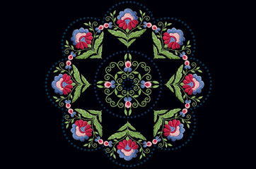 Frame of beads and the pattern of wreath with  stylized flower with big leaves on  black background
