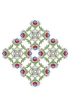 Embroidery for a napkin with a pattern from a stylized flower with large leaves and a white background