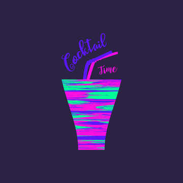 Drinks concept. Bright neon layered liquor icon.  Flat style. Cocktail time design. Drink in glass. Template for logo  or advertisement. Element for club event banner background. Vector illustration