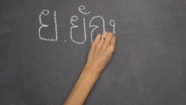Woman's hand writing Thai letter "ย" with white chalk on blackboard