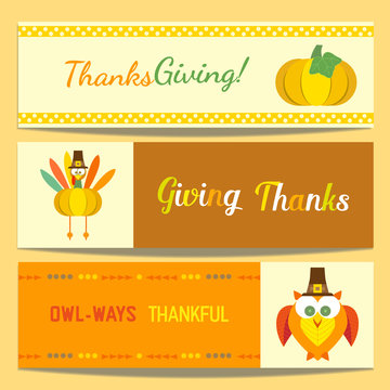 Happy Thanksgiving day celebration. Set of horizontal banners. Cute retro cartoon style. Fancy letters. Colorful thanksgiving turkey, owl, pumpkin. Design of promotion background vector illustration