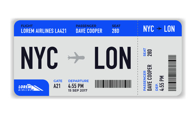 Modern and realistic airline ticket design with flight time and passenger name. vector illustration of Boarding Pass