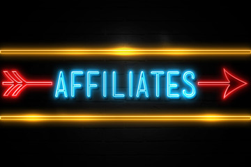 Affiliates  - fluorescent Neon Sign on brickwall Front view