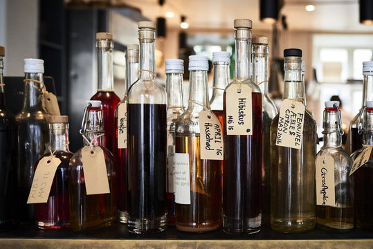 Bottles Of Different Bitters And Liqueurs