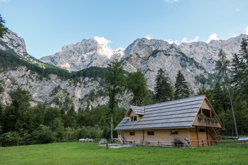 Fototapeta na wymiar Mountain cabin in European Alps, Robanov kot, Slovenia
