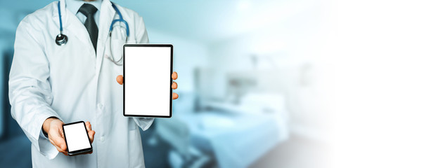 Doctor Holds Smartphone And  Digital Tablet With Copy Space And Clipping Path For Screen