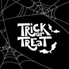 Trick or treat isolated quote and Halloween design elements. Vector holiday black and white illustration. Hand drawn doodle letters, bat and spiderweb for poster, greeting card, print or banner. - obrazy, fototapety, plakaty