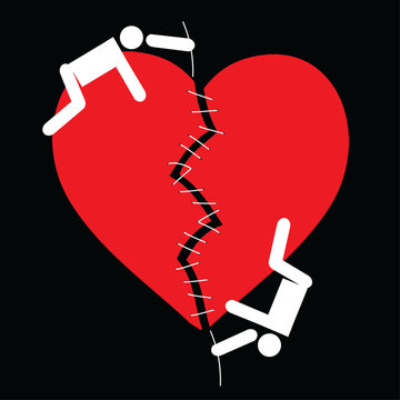 Vector cartoon image of a loving couple of people who sew a broken red heart on a black background.