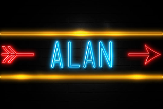 Alan  - fluorescent Neon Sign on brickwall Front view