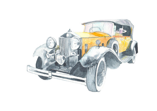 Vintage Luxury Car Watercolor Painted. Isolated Object For Design.