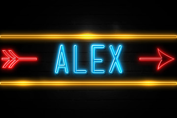 Alex  - fluorescent Neon Sign on brickwall Front view - obrazy, fototapety, plakaty