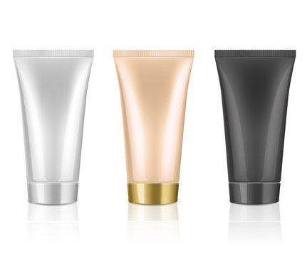 Mockup cosmetic tube for cream, gel, liquid, shampoo, foam. White, nude and black colors on a white background. Beauty product package, vector illustration.