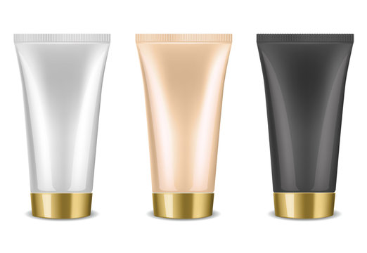 Mock up cosmetic tube template for cream, gel, liquid, shampoo, foam. White, nude and black colors, golden lid on a white background. Beauty product package, vector illustration.