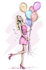 Beautiful young woman with colorful birthday balloons. Stylish cute blonde hair girl in pink dress. Hand drawn woman in fashion clothes. Sketch. Vector illustration.