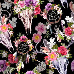 Deer skulls, flowers, dream catchers - dreamcatcher. Seamless pattern. Watercolor