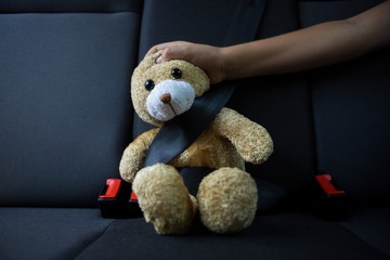 Teenage girl sitting with teddy bear in the back seat of car
