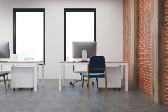 Open space office interior, brick wall