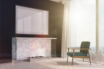 Black living room, fireplace, blue armchair toned