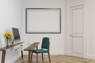 White home office with a framed poster, side