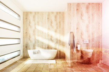 Wooden luxury bathroom interior, toned