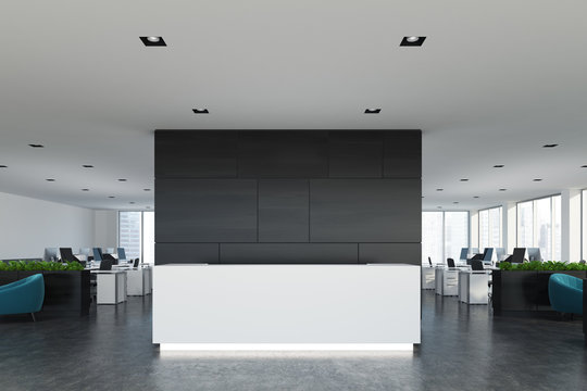 Black wooden office, white reception