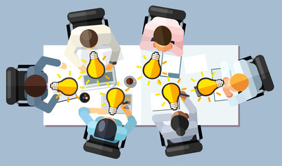 Business meeting strategy brainstorming concept. Aerial people sitting around table with ideas