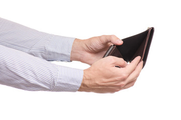 Male hands empty wallet purse