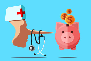 Healthcare fraud and corrupt doctor. Dishonest man physician with stethoscope wrapped around long nose looking at a piggy bank