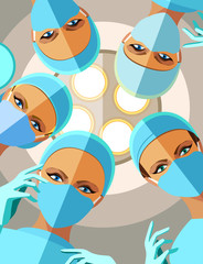 Four female surgeons in gloves and masks are looking at you patient