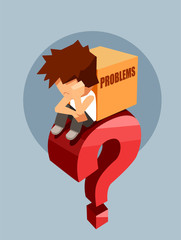 Sad man sitting on a big red question with box of problems