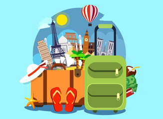 Tourism with famous world landmarks. Vector Illustration. Travel bags and different touristic elements
