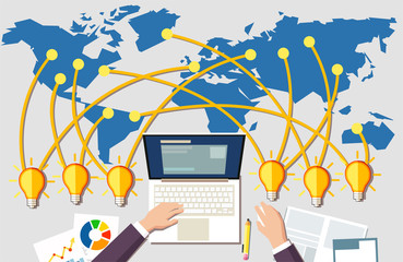 Building online business concept. Workplace and many idea light bulbs from all around the world.