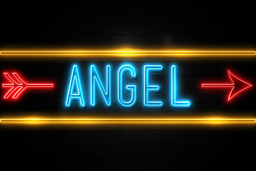 Angel  - fluorescent Neon Sign on brickwall Front view