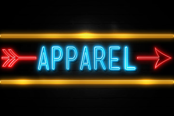 Apparel  - fluorescent Neon Sign on brickwall Front view