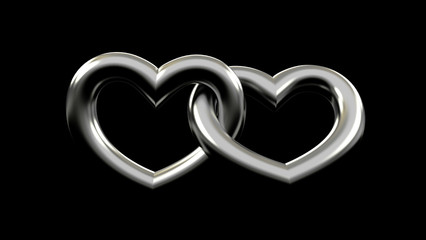 3d rendering of tow metallic heart attached to each other. isolated on a black background. valentine day