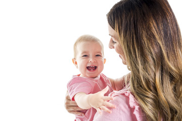 portrait of a mother with baby isolated on white