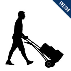 Delivery man silhouette carrying boxes with a trolley