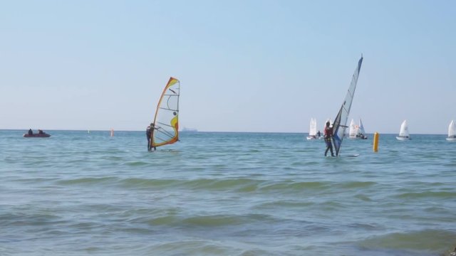  People learn windsurfing on the Baltic Sea in Zelenogradsk. In the background a dry cargo ship.
