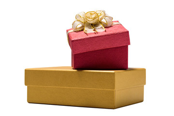 Elegant gift box with golden bow on white background