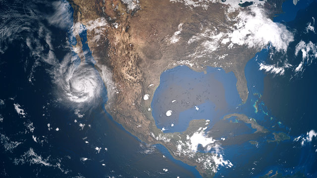 Extremely detailed and realistic high resolution 3d illustration of a hurricane approaching Baja California. Shot from space. Elements of this image are furnished by Nasa.