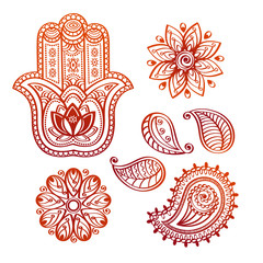 Mehndi tattoo doodle elements with hamsa hand, indian lotus and paisley on white background