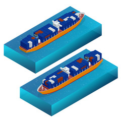 Isometric container ship. Cargo vessel. Detailed cargo ship vector isolated. Global cargo shipping concept. Ferry ship