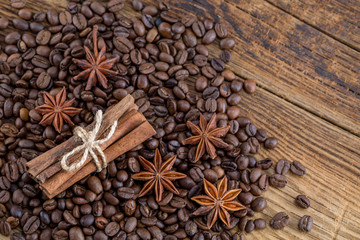 Background texture of grains of coffee cinnamon and anise stars