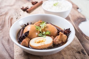 Asian food,hard-boiled egg in brown sauce or sweet gravy,Golden brown egg,Five spices egg,A kind of Chinese dish, In Thai call Khai Palo